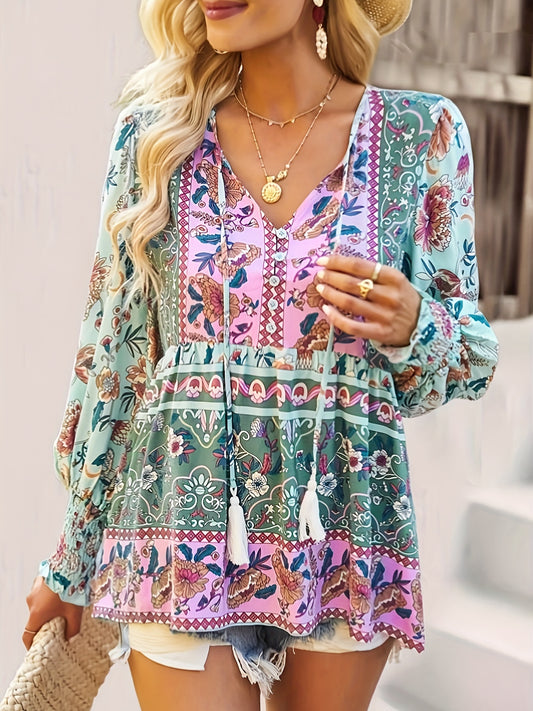 Shannon – V-Neck Blouse with Tassels and Ruffle Hem