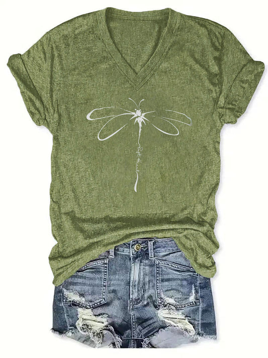 Amelia - Casual T-Shirt with Dragonfly Print and V Neck for Women