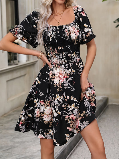 Elise - Floral Print Shirred Dress with Puff Sleeve for Women