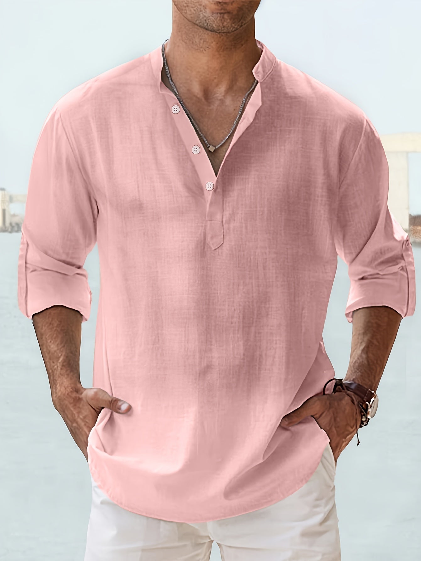 Leo - Casual Long Sleeve Shirt with Button and Boat Neck for Men