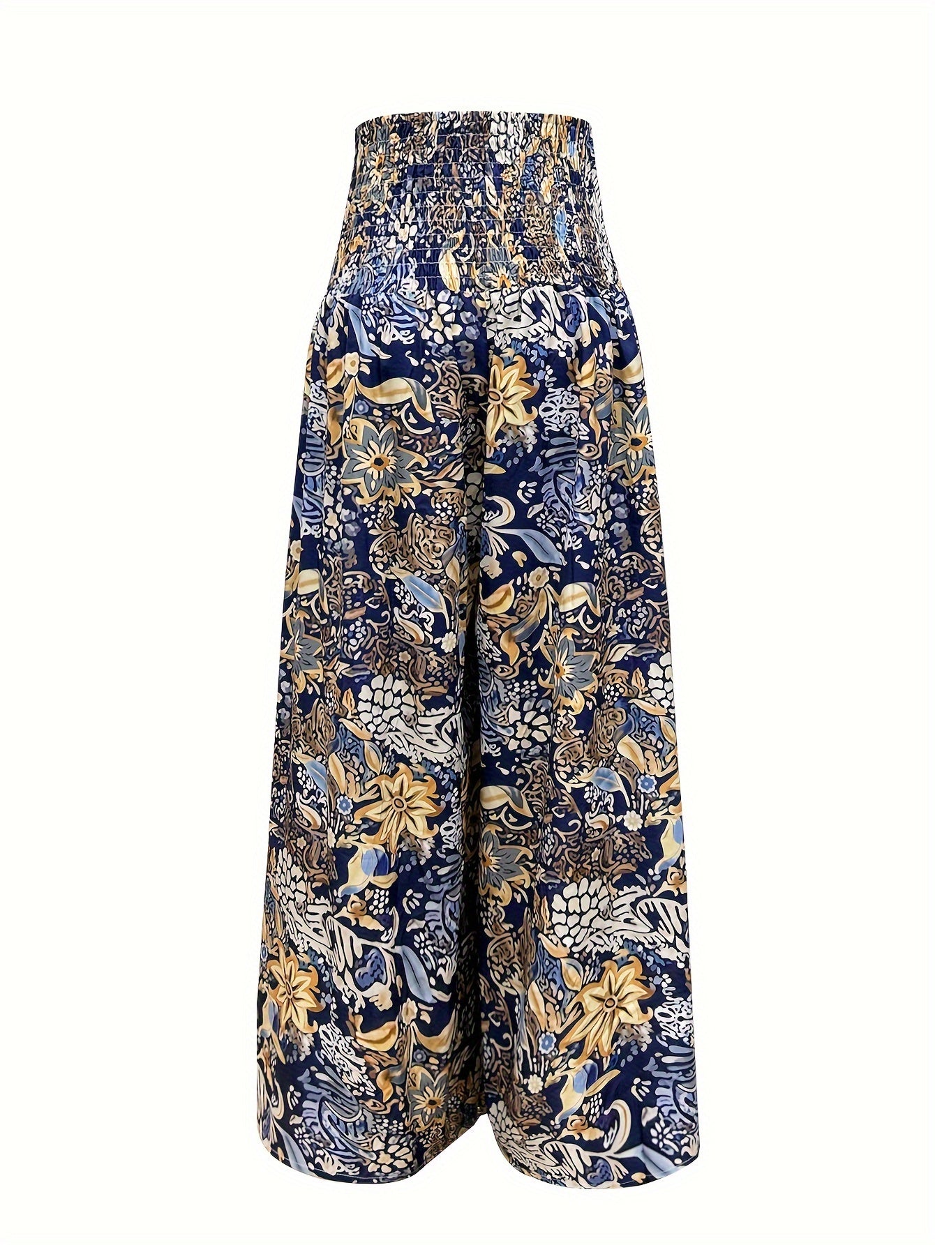 Emily - Shirred Waist Boho Pants with Floral Print and High Waist for Women