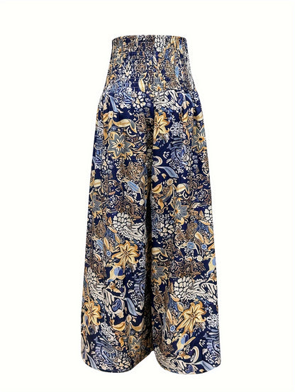 Emily - Shirred Waist Boho Pants with Floral Print and High Waist for Women