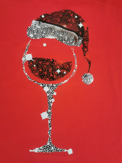 Brielle - Casual T-Shirt with Christmas Hat and Red Wine Glass Print for Women