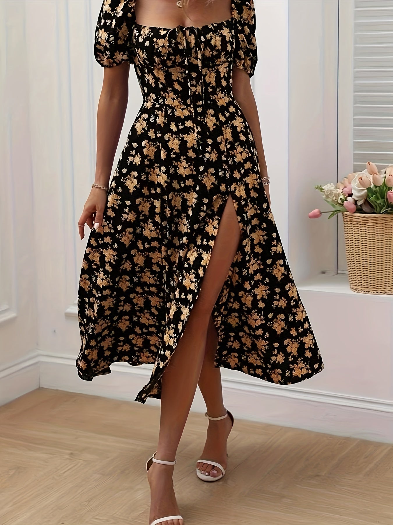 Chloe - Puff Sleeve Dress with Floral Print and Chic Split Hem for Women