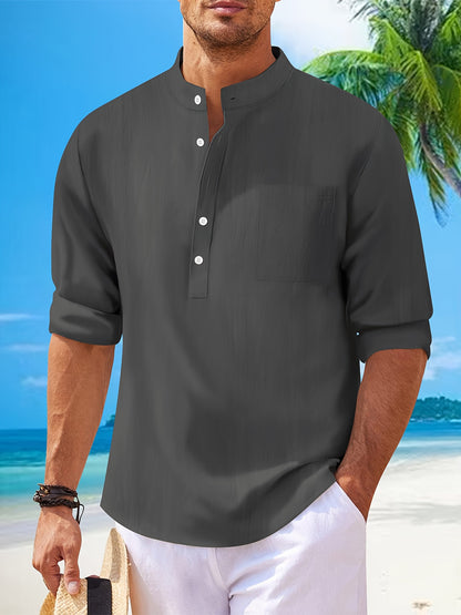 Mason - Henley Shirt with Cotton Linen Blend and Long Sleeve for Men