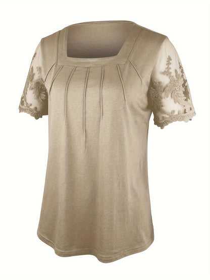 Fiona - Contrast Lace Square Neck Blouse with Short Sleeve for Women