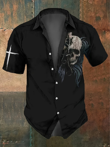 Erwin - Casual Button-Up Shirt with Skull and Cross Print for Men