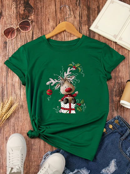 Hanah - Crew Neck T-Shirt with with Christmas Reindeer Print for Women