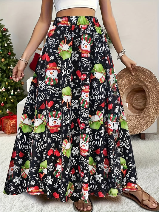 Isla - High Waist Skirt with Christmas Snowman Print for Women