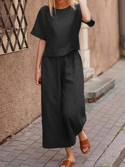 Mary - Casual Outfit Set with Crew Neck Casual T-Shirt and Wide Leg Pants for Women