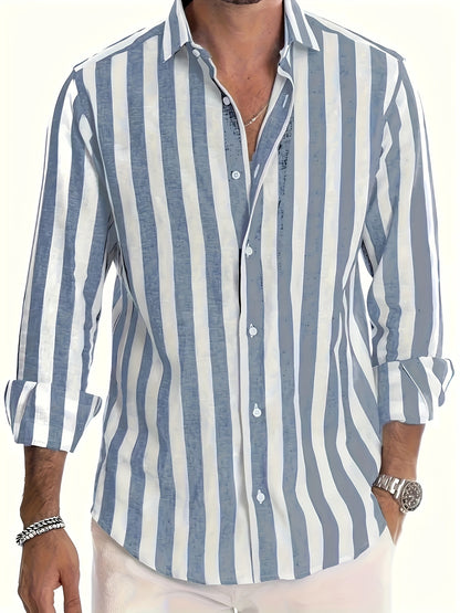 Andrew - Contrast Color Striped Long Sleeve Shirt with Button Up and Single-breasted for Men