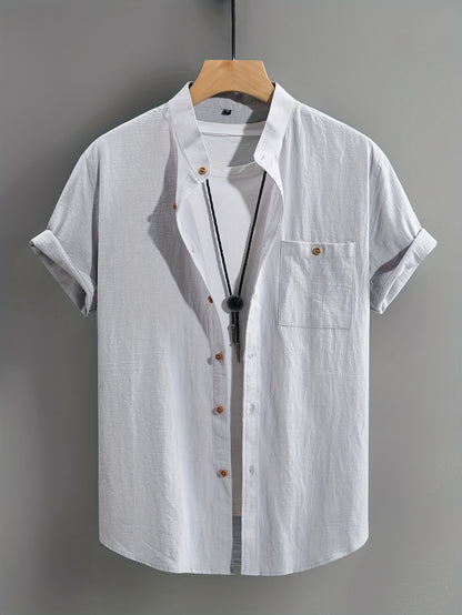 Harry - Mandarin Collar Short Sleeve Shirts with Button Up Shirt and Chest Pocket for Men