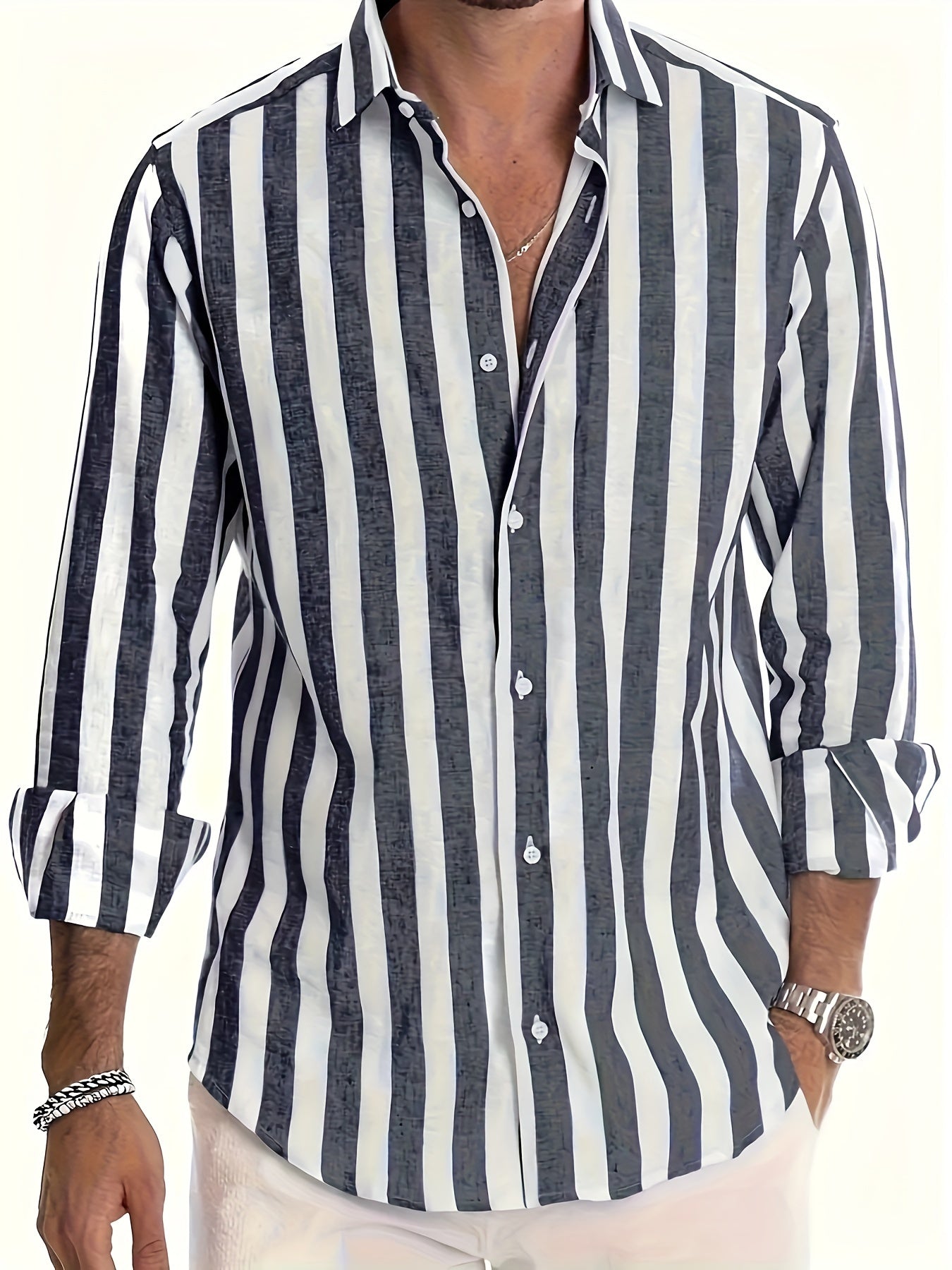 Andrew - Contrast Color Striped Long Sleeve Shirt with Button Up and Single-breasted for Men