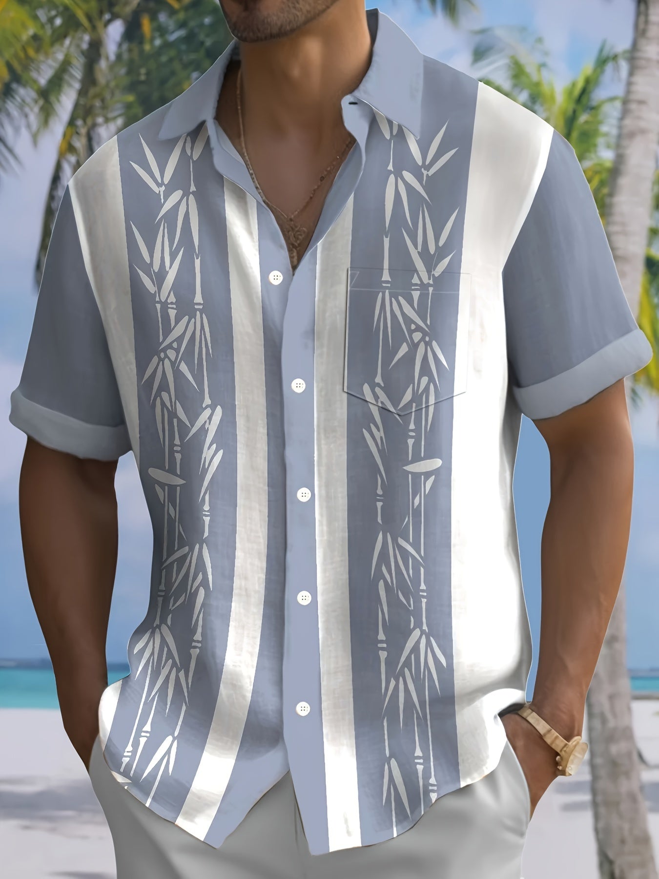 Ronald - Button Up Summer Shirt with Bamboo Print Short for Men