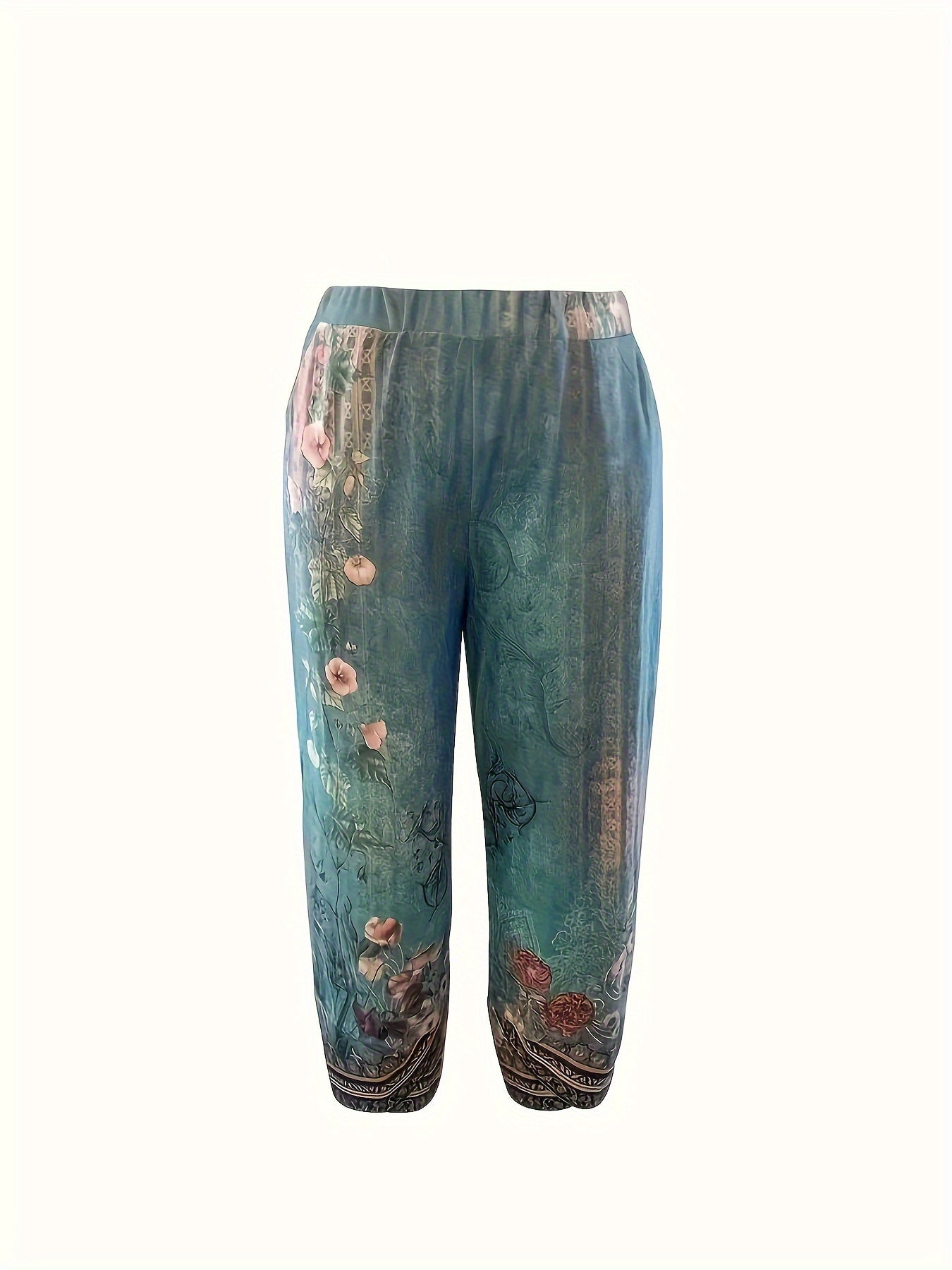 Marley - Floral Print Straight Leg Pants with Elastic Waist and Asymmetric Hem for Women