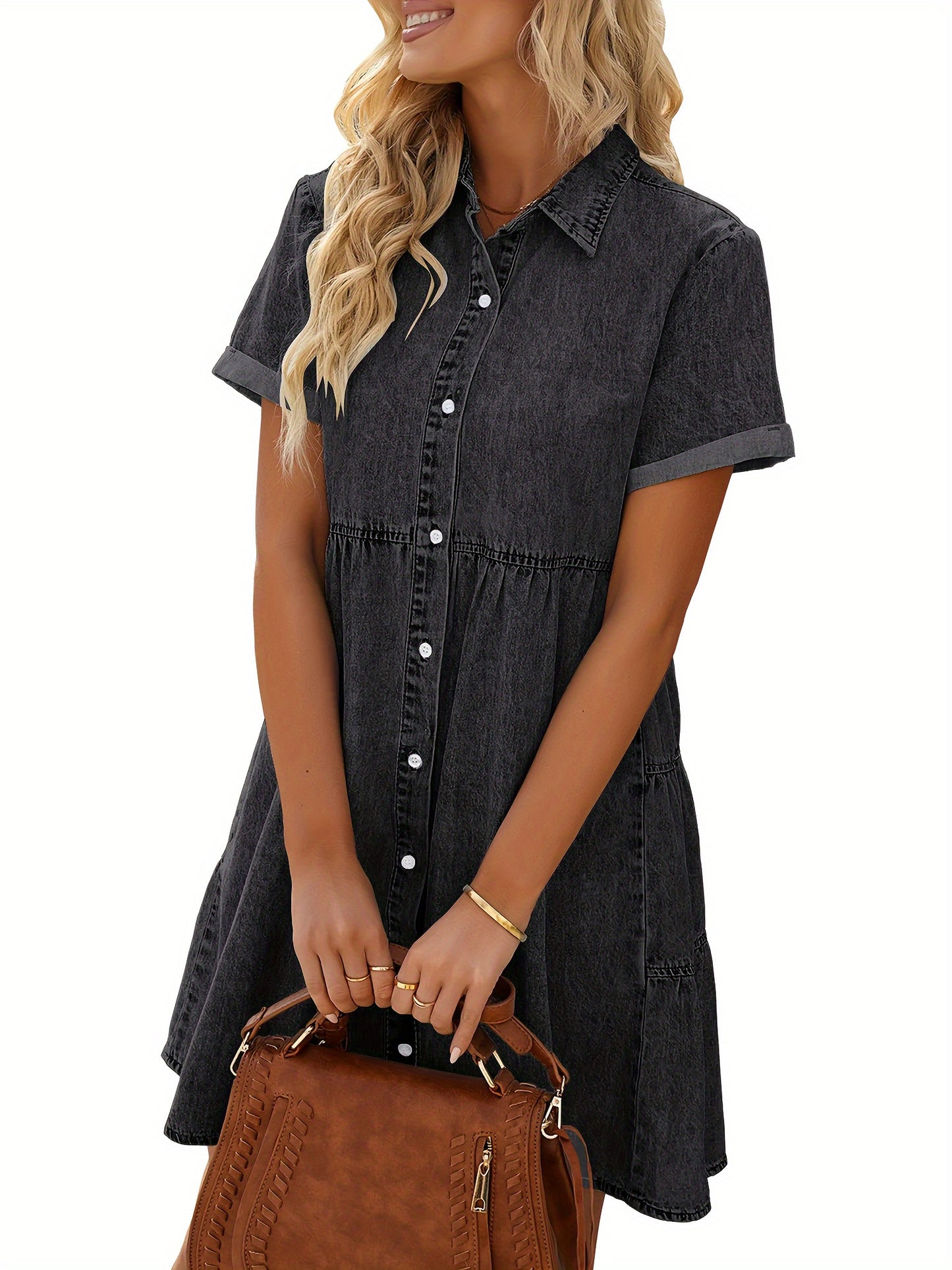 Juniper - Denim Dress with Button Up and Tiered Layered Ruffled for Women