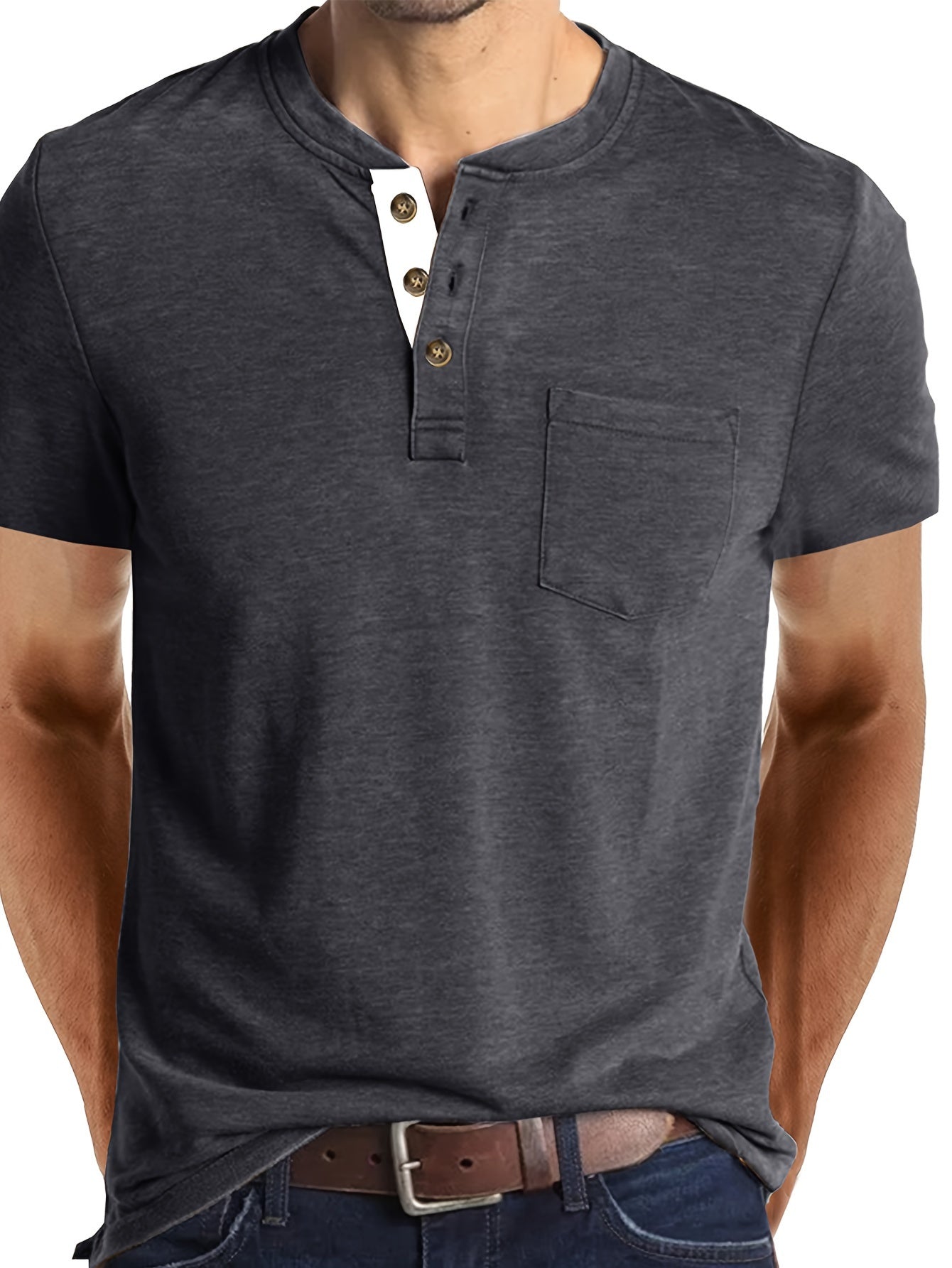 Leonard - Casual Henley Shirt with Breasted Pocket and Contrast Color Placket for Men