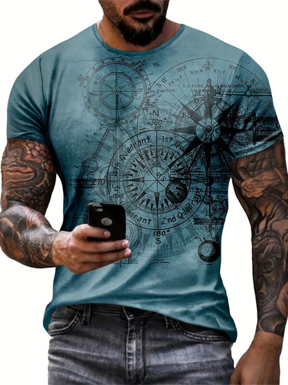 Ethan - Retro T-Shirt with Sketch Style Compass Graphic Pattern for Men