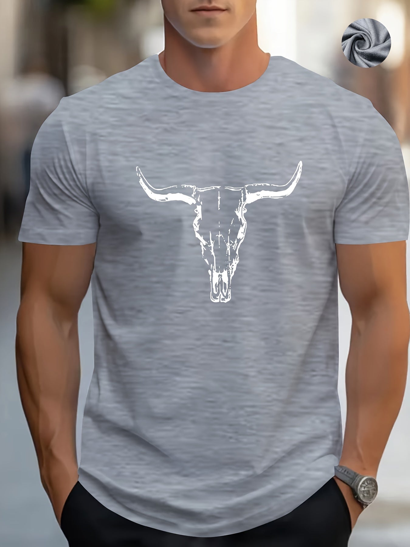 Lucas - Casual T Shirt with Bull Skull Print for Men