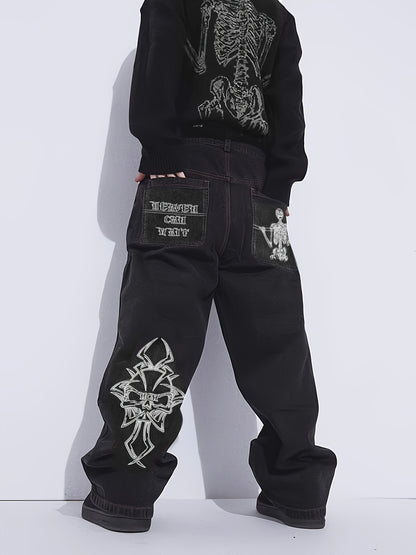 Barrett - Casual Street Style Loose Fit Jeans with Skeleton Embroidery for Men