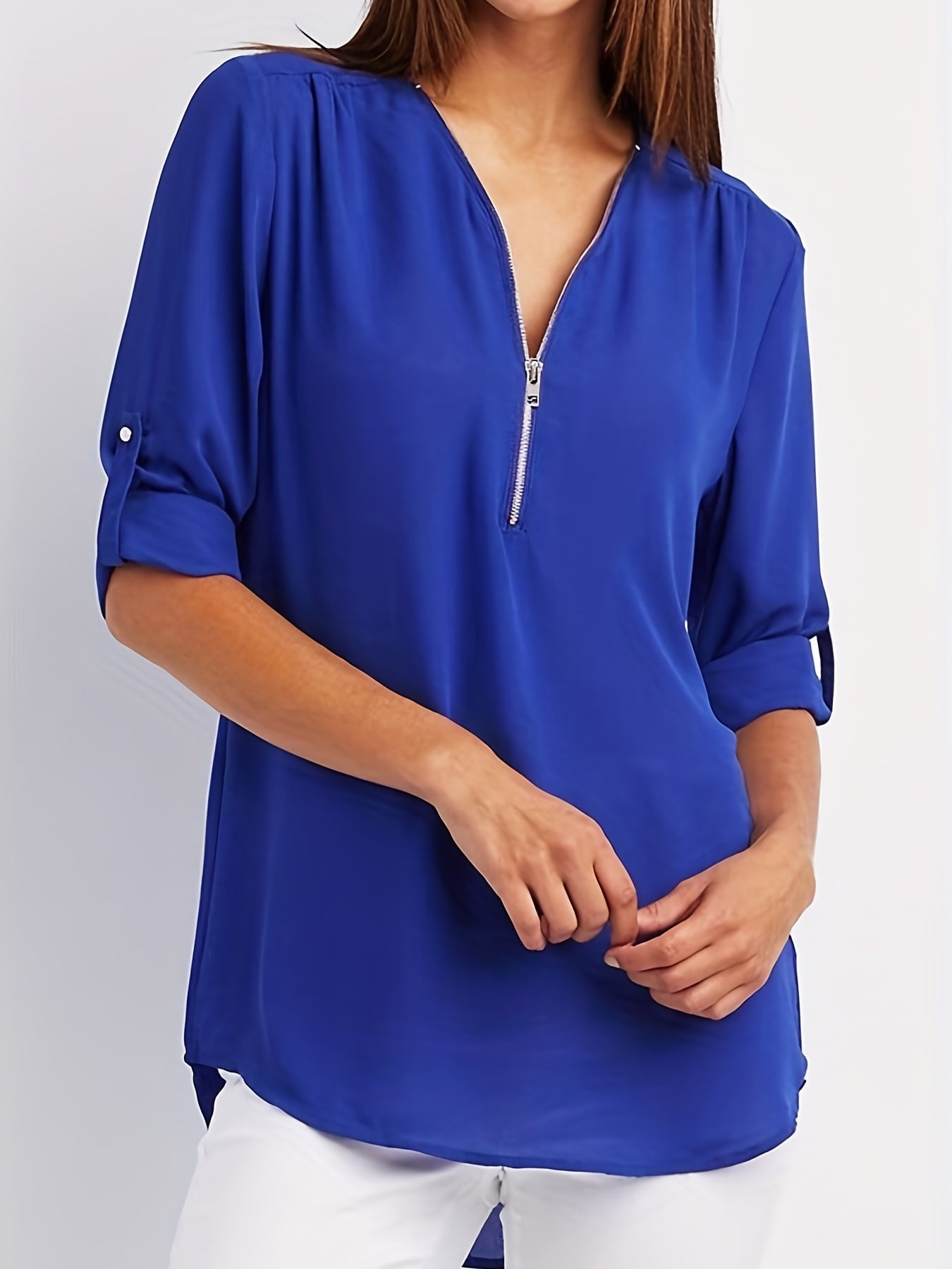 Juliana - Casual Ruched Blouse with Rollable Sleeve and Half Zip for Women