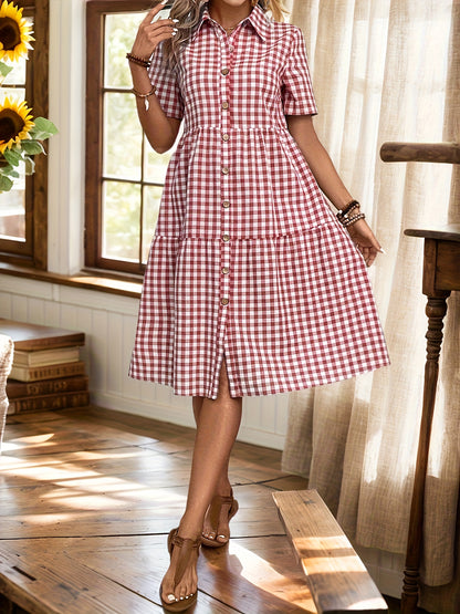 Mildred - Plaid Dress with Button Front and Short Sleeve for Women