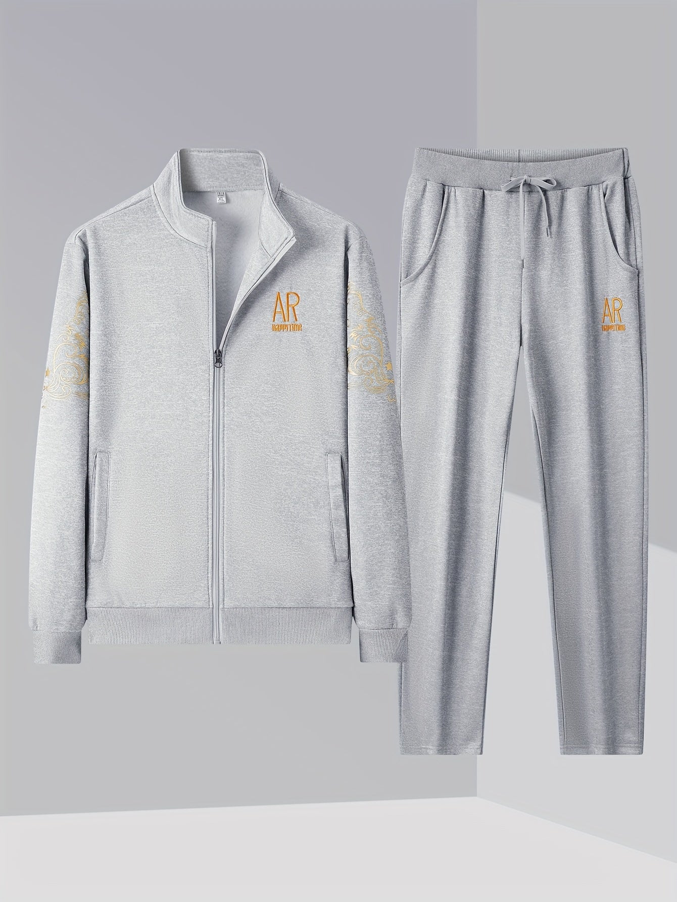 Alexander - 2pcs Sports Outfit Set with Letter Embroidered Long Sleeve Full Zip Up Sweatshirt and Drawstring Sweatpants for Men