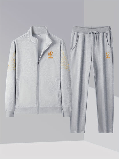 Alexander - 2pcs Sports Outfit Set with Letter Embroidered Long Sleeve Full Zip Up Sweatshirt and Drawstring Sweatpants for Men