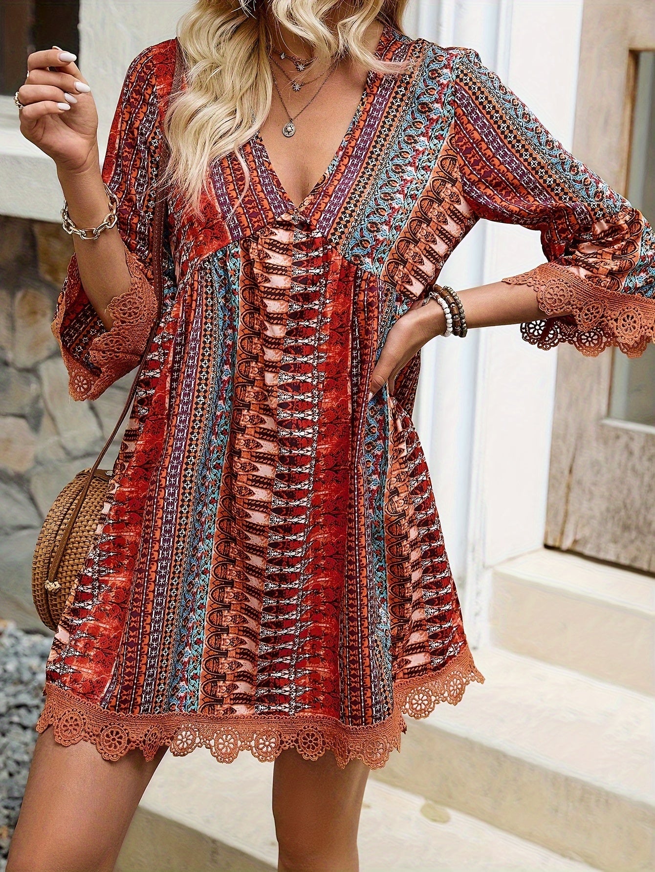 Taylor - V-neck Dress with Ethnic Striped Print for Women