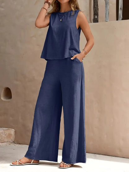 Michelle - Elegant Outfit Set with Sleeveless Tank Top and Wide Leg Loose Pants for Women