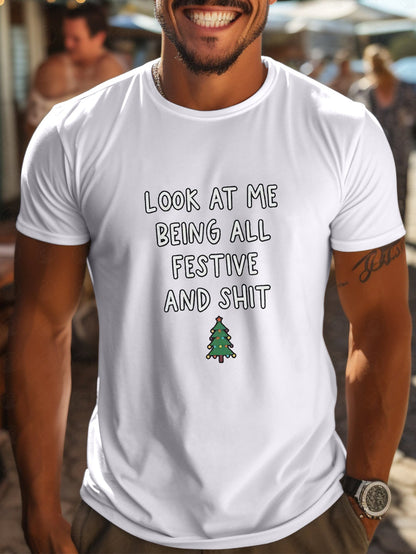 Lewis - Casual T-Shirt with Letters And Christmas Tree Print for Men