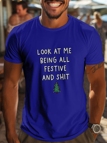 Lewis - Casual T-Shirt with Letters And Christmas Tree Print for Men