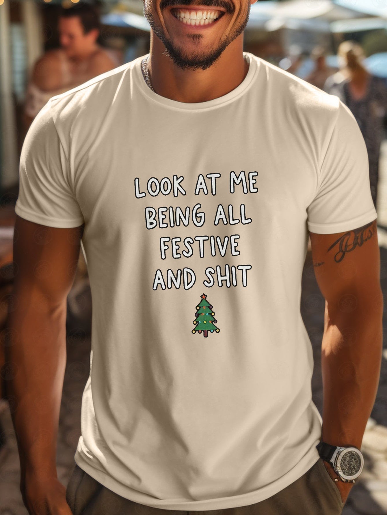 Lewis - Casual T-Shirt with Letters And Christmas Tree Print for Men