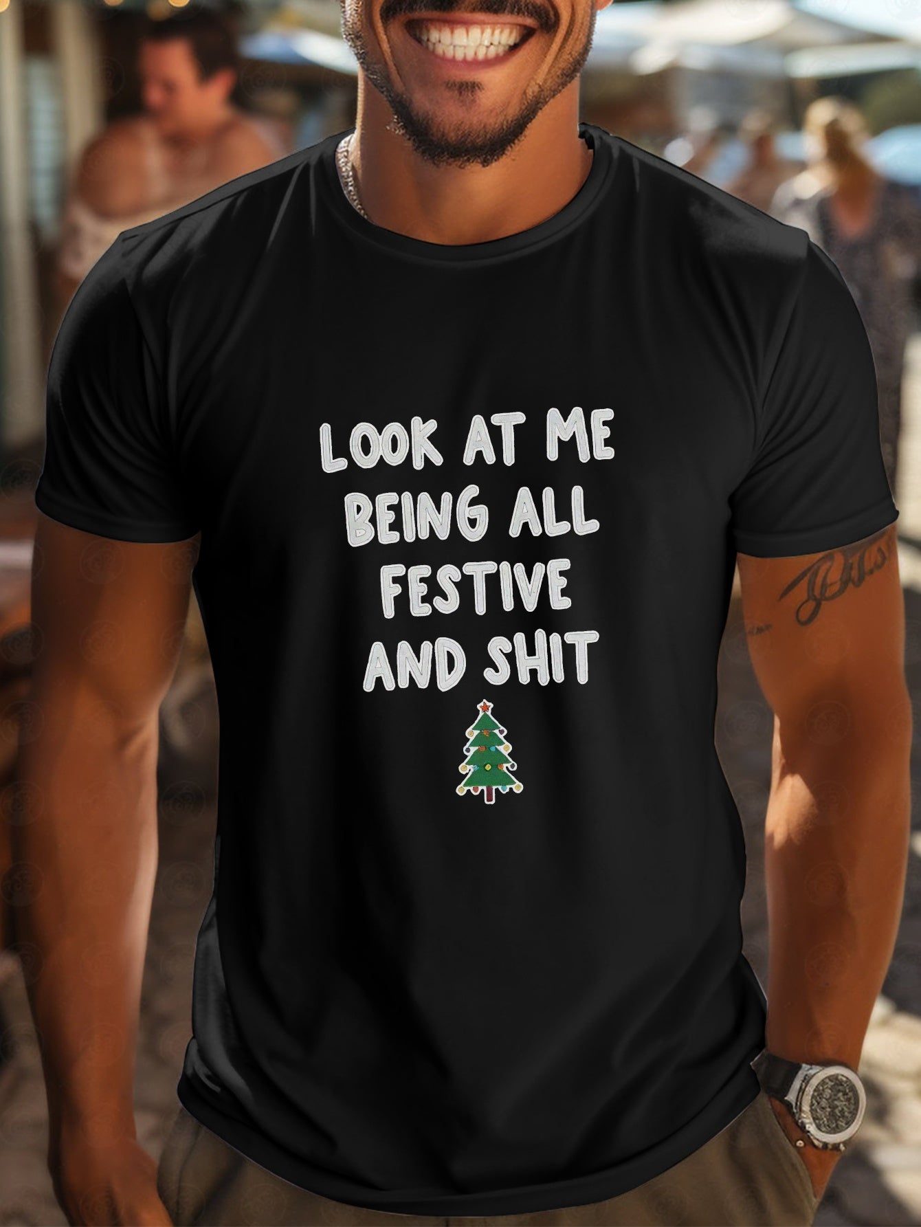 Lewis - Casual T-Shirt with Letters And Christmas Tree Print for Men