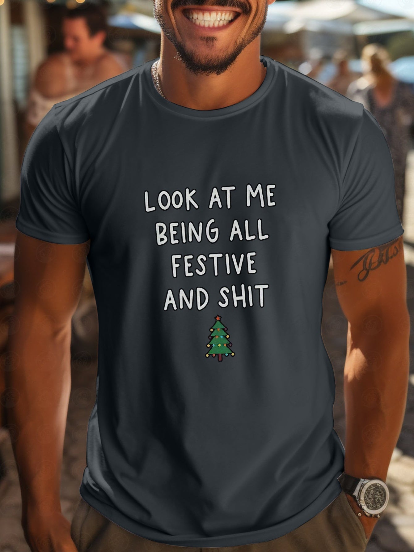 Lewis - Casual T-Shirt with Letters And Christmas Tree Print for Men