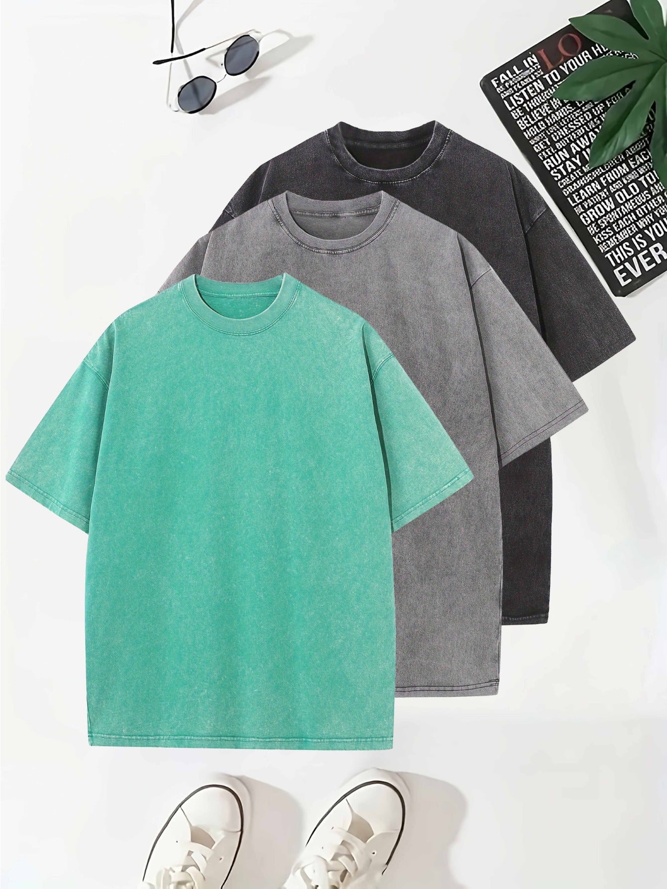 Morgan - 3pcs Vintage Washed Cotton T-Shirts with Casual Round Neck and Drop Shoulder for Men