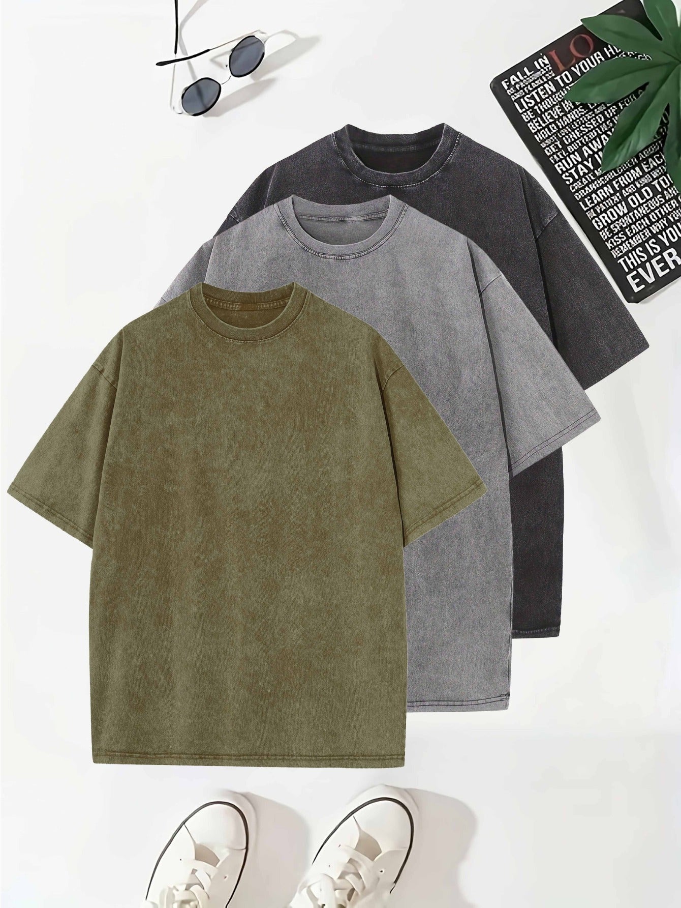 Morgan - 3pcs Vintage Washed Cotton T-Shirts with Casual Round Neck and Drop Shoulder for Men