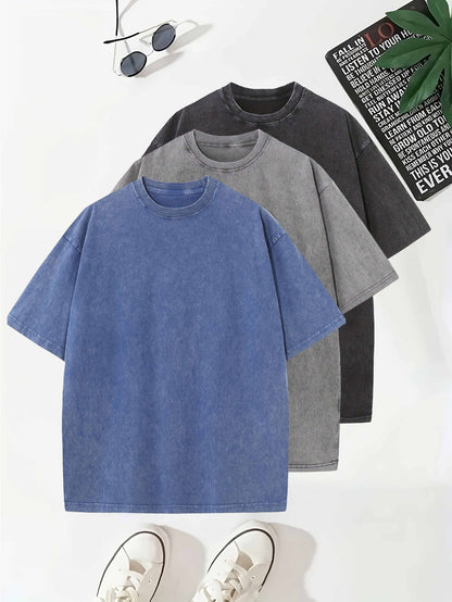 Morgan - 3pcs Vintage Washed Cotton T-Shirts with Casual Round Neck and Drop Shoulder for Men