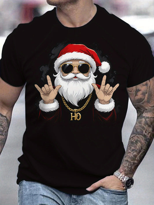 Nate - Crew Neck Tee with Cool Santa Claus Print for Men