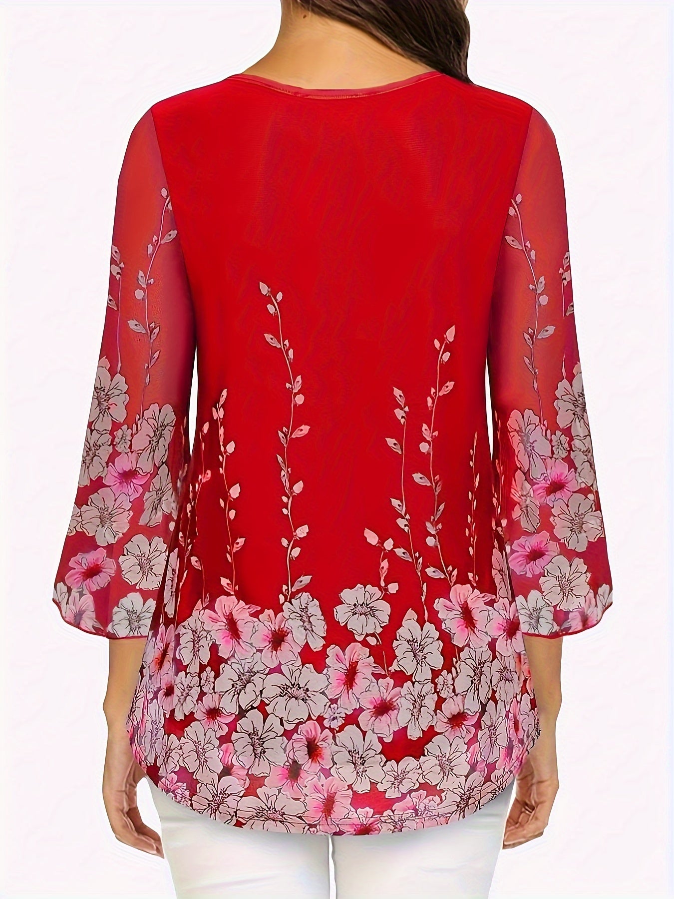 Barbara – Elegant Floral Mesh Blouse with V-Neck