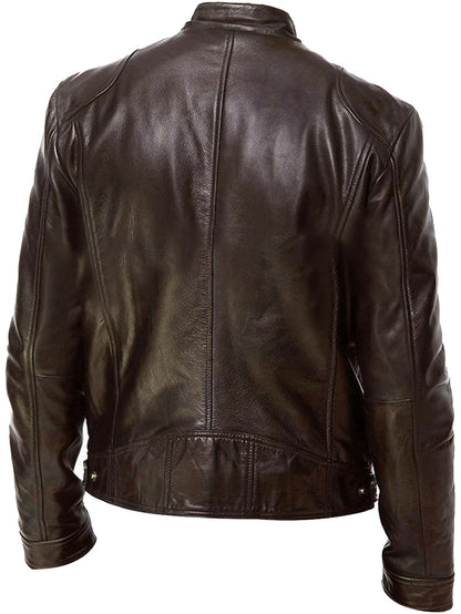 Samuel - Leather Jacket with Zipper and Small Stand Collar for Men