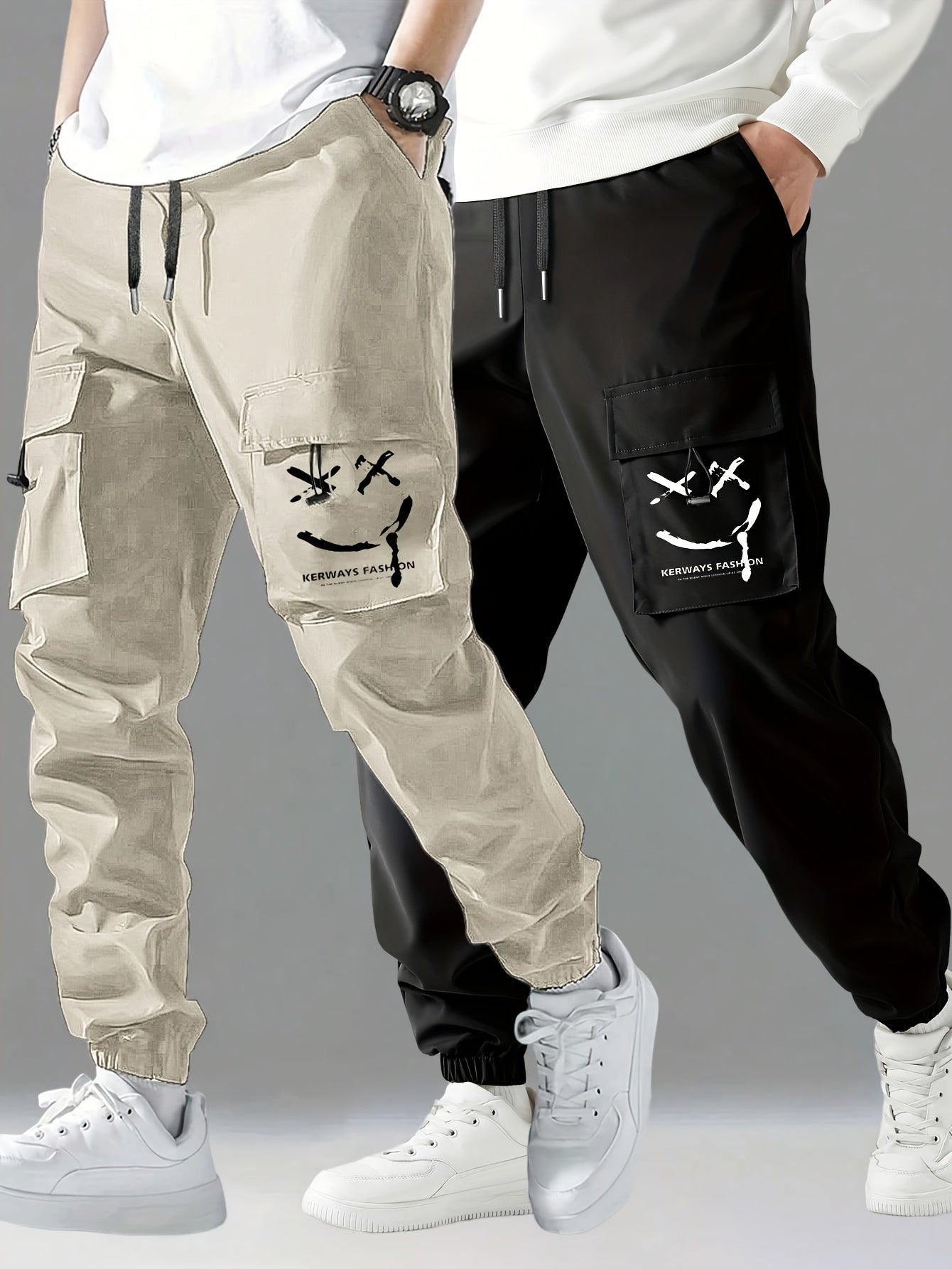 Glenn - 2pcs Stylish Cargo Pants with Smiling Face Print and Multi-Pockets for Men