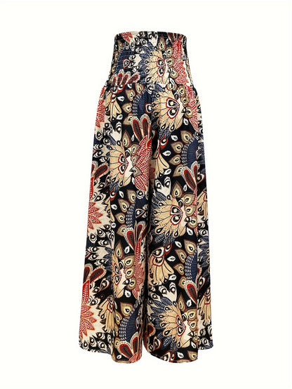 Emily - Shirred Waist Boho Pants with Floral Print and High Waist for Women