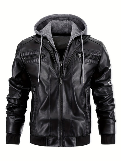 Damon - Casual 2-in-1 PU Leather Jacket with Zipper Up and Detachable Hood for Men