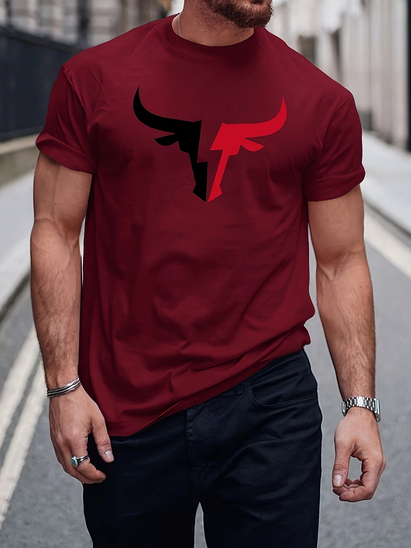 Lincoln - Casual Short Sleeve Crew Neck T-Shirt with Bull Graphic Print for Men