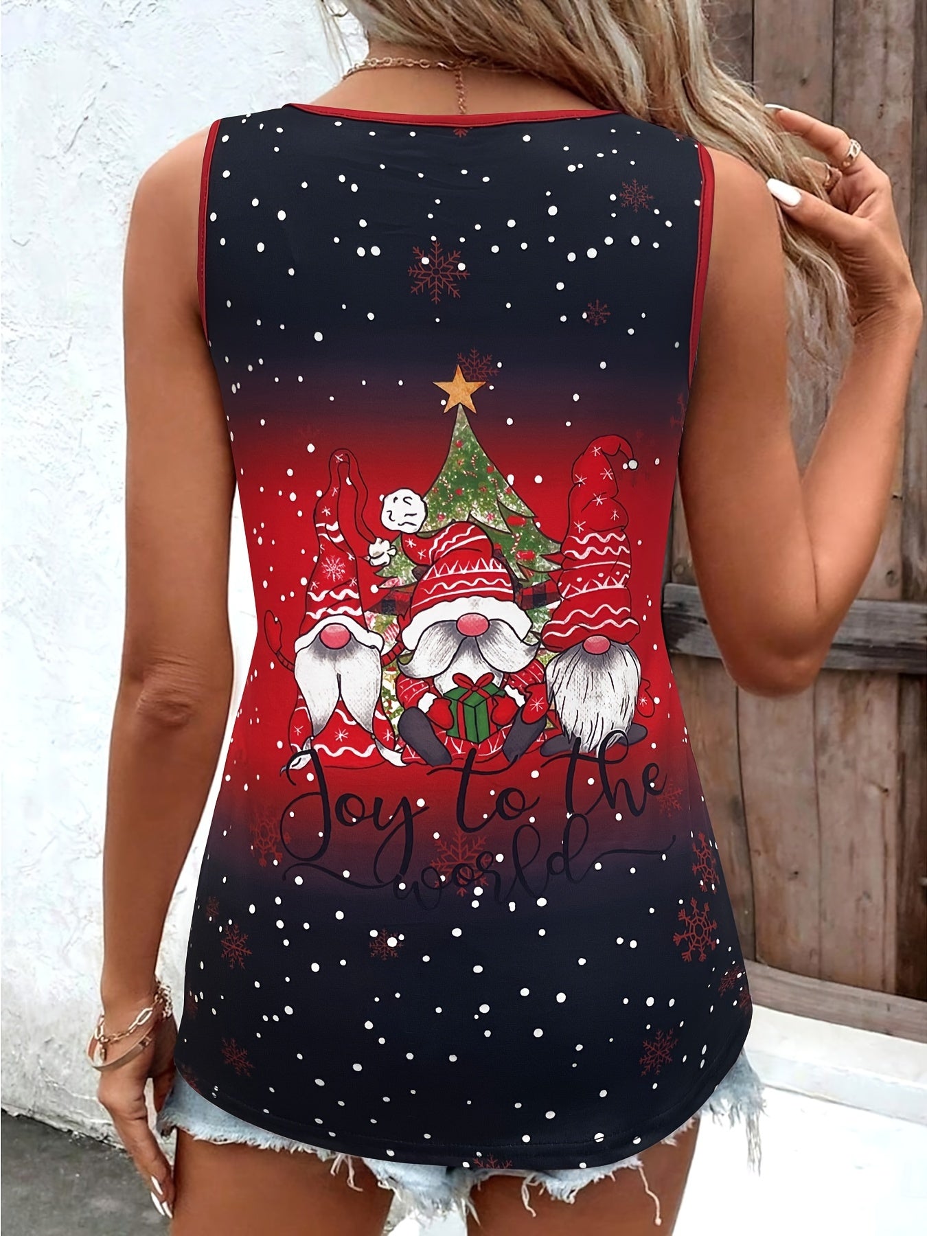 Ruby - Casual V-Neck Tank Top with Christmas Print and Round Button Detail for Women