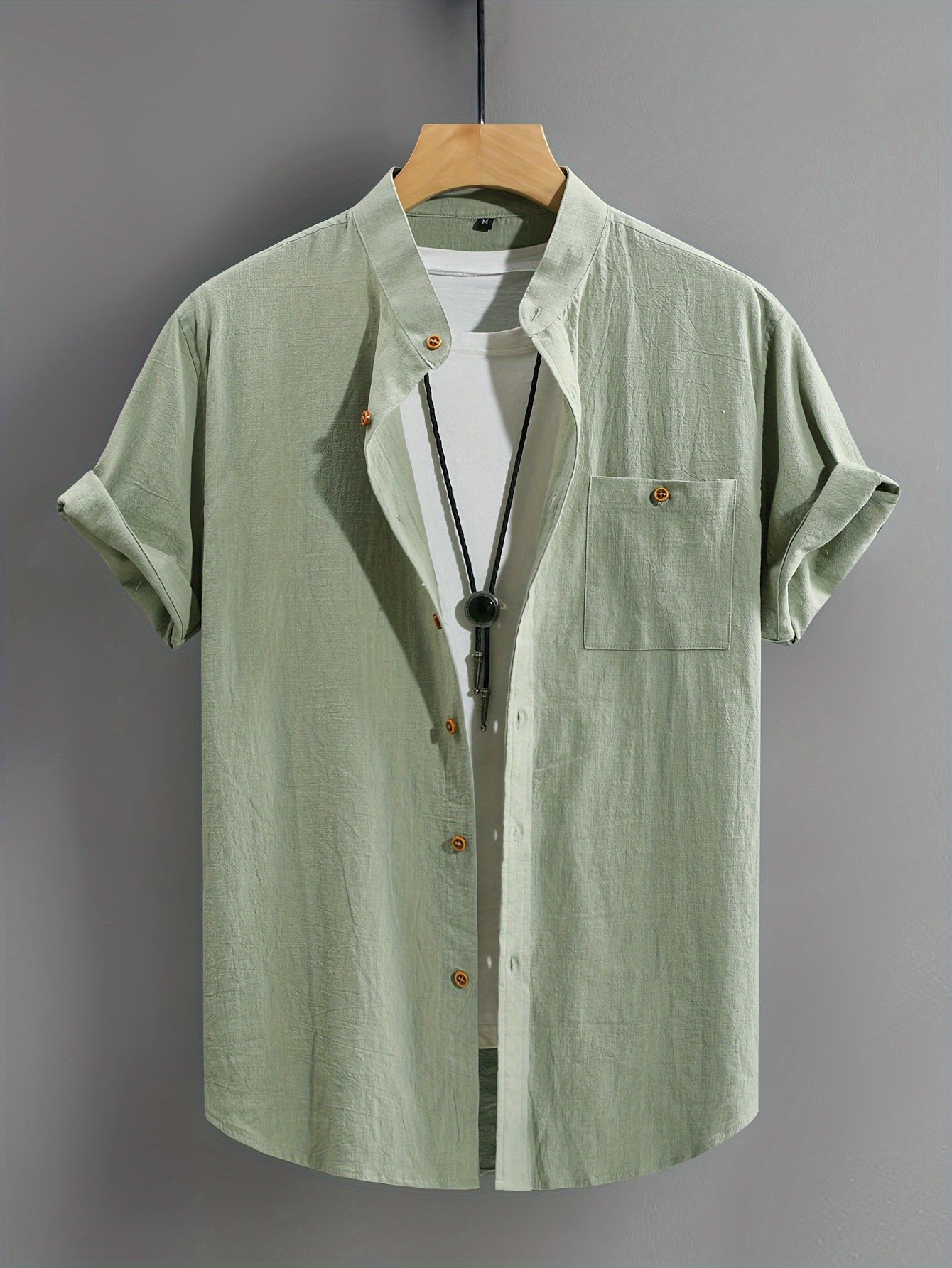 Harry - Mandarin Collar Short Sleeve Shirts with Button Up Shirt and Chest Pocket for Men