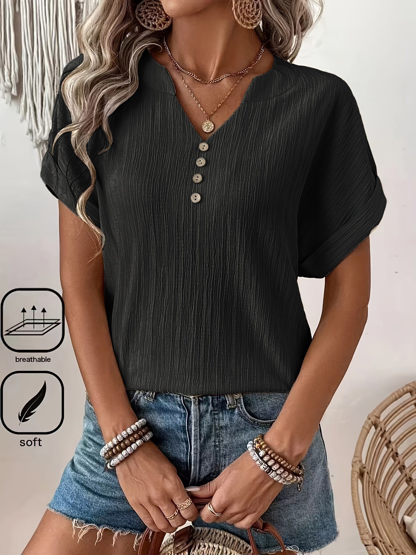 Dorothy - Casual Blouse with Button Front and Notched Neck for Women