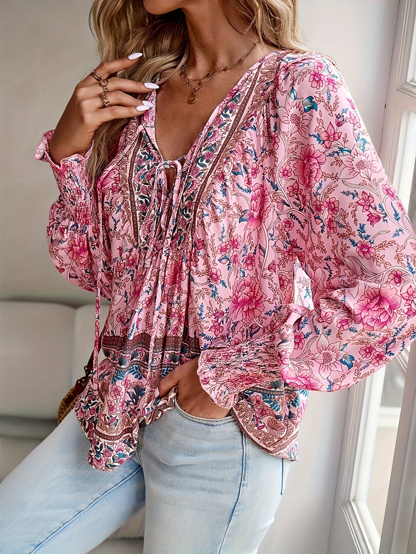 Betty – Floral Lantern Sleeve Tie Shirt