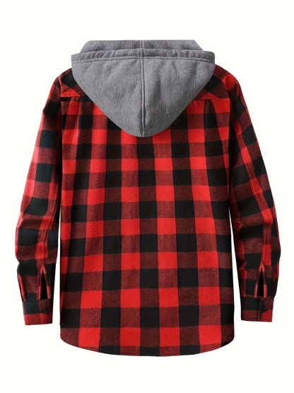 Harper - 2pcs Set Plaid Pattern Hooded Jacket  with Long Sleeve Button Up and Pockets for Men